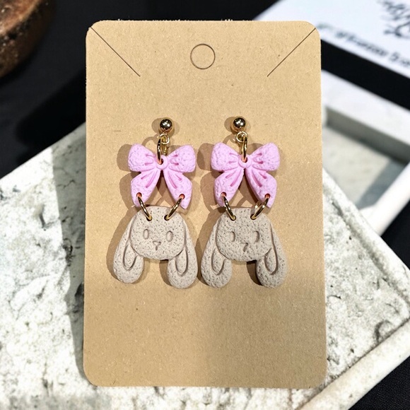 Bunny and Bow Polymer Clay Dangle Earrings - Picture 2 of 2